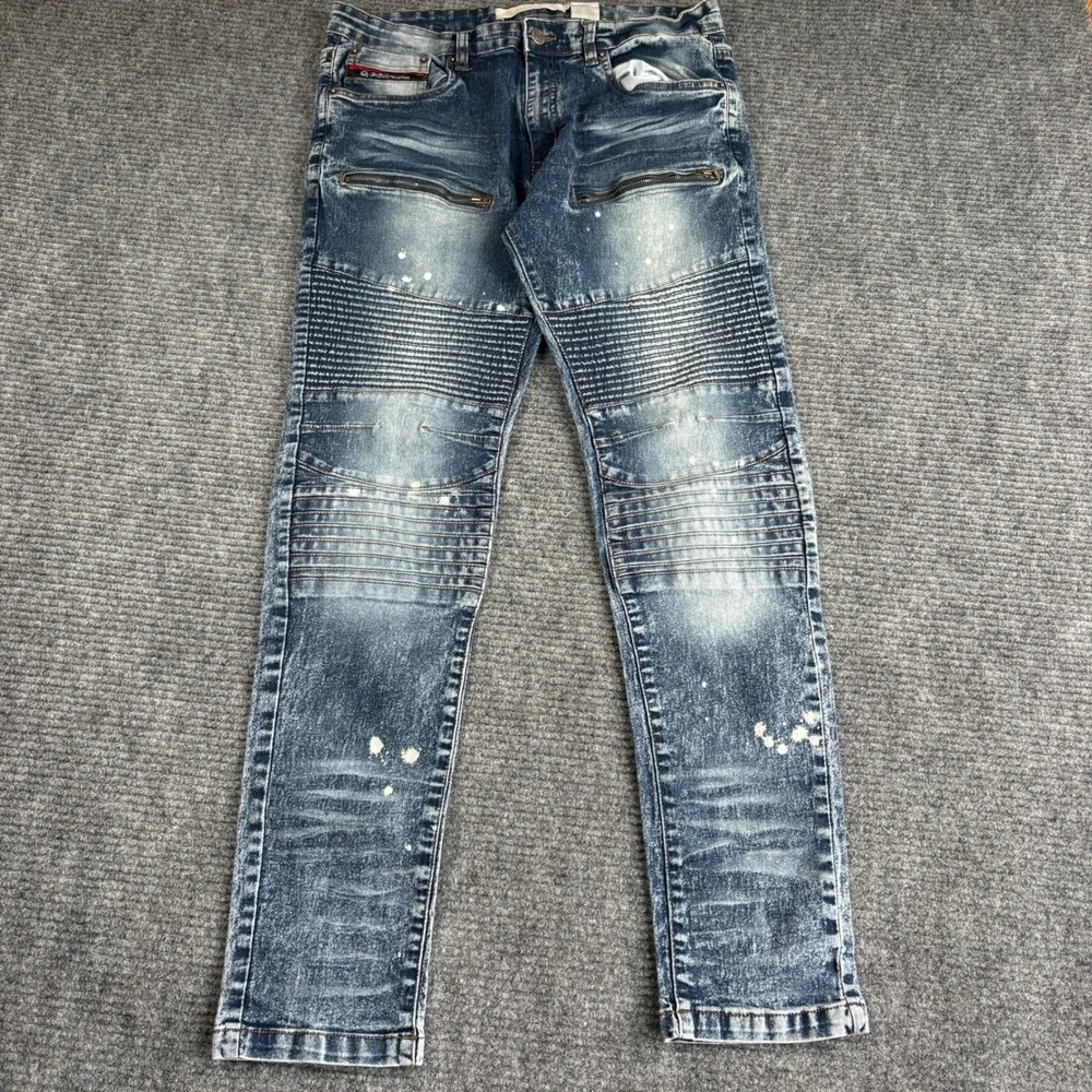 Jeanius Mens 36x32 Moto Biker Jeans Blue Acid Wash Paint Splatter Slim Denim